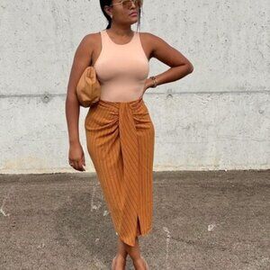 Zara Brown Tan Burnt Orange Stripe Printed Pareo Skirt With Knot Size L